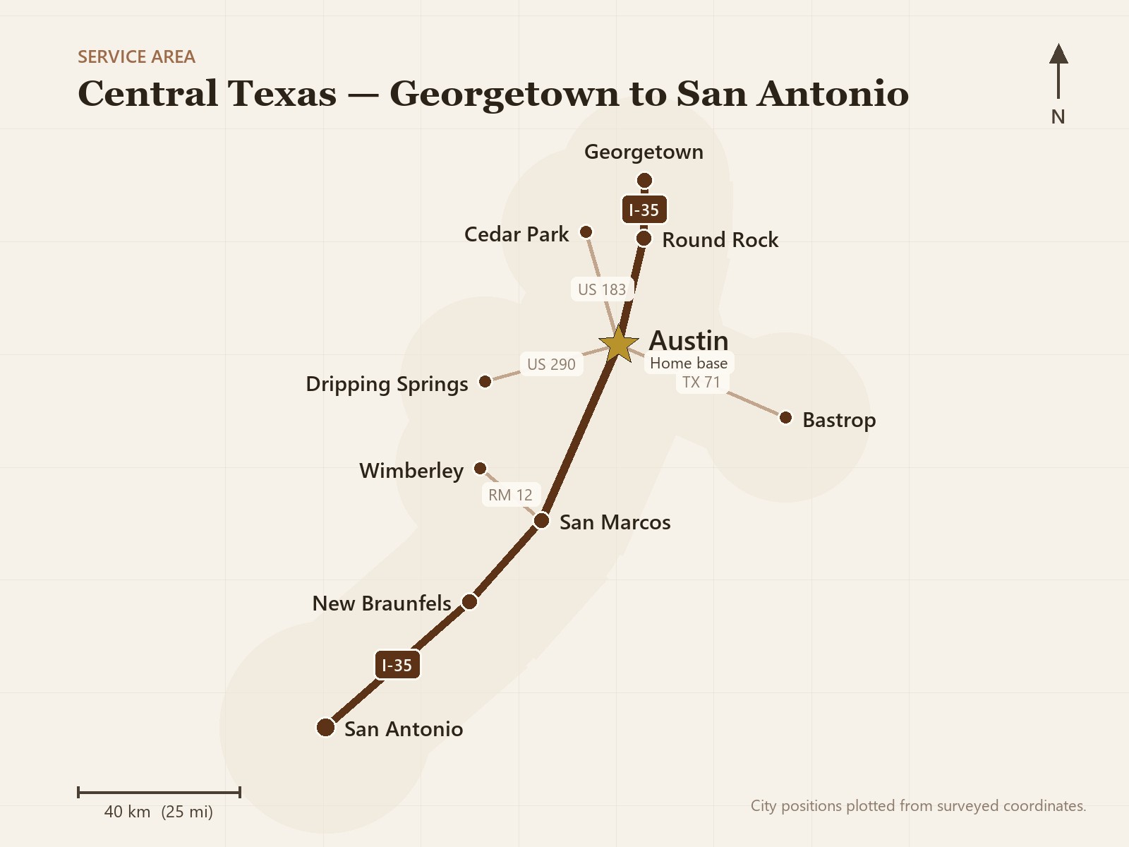 Barron Restorations service area — Central Texas from Georgetown to San Antonio